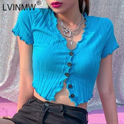 LVINMW Sexy Single Breasted Ruffles Sleeve V Neck Blue Crop Top 2020 Summer Women Cardigan Fashion Slim Female tshirt Streetwear