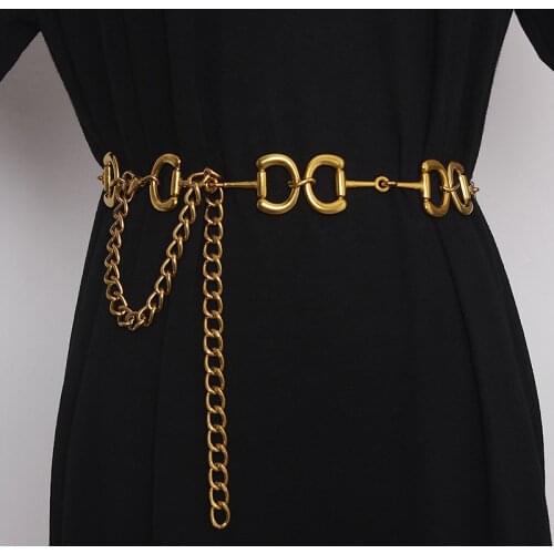 Womens Runway Fashion Gold Metal Chain Cummerbunds Female Dress Corsets Waistband Belts Decoration Narrow Belt TB532