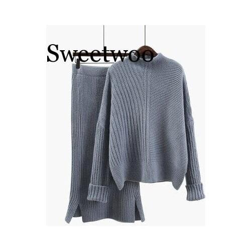 2020 Women Wool Knitted suit soft warm Spring autumn Suit Female pullover sweater & Skirt 2 piece set Beige, Blue, Khaki