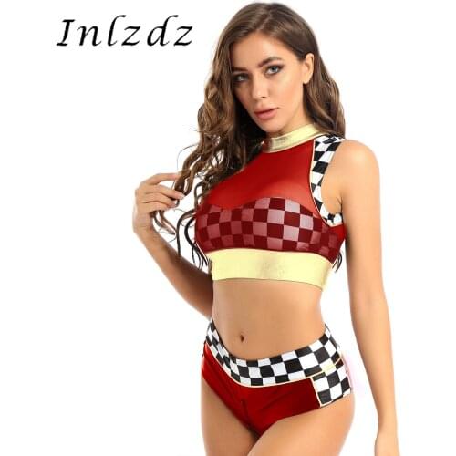 Women Lingerie Plaid Cheerleading Outfit Racing Girl Cosplay Costume Back Zipper Mesh Tops Padded Bra with Patent Leather Briefs
