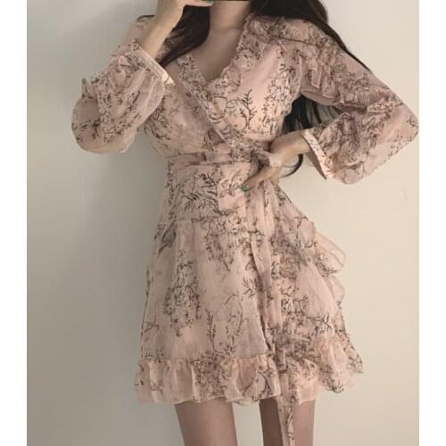 Vintage Ruffles V-Neck Korean Dresses for Women Korea Japanese Style Floral Printed A-line Chiffon Dress Pink Black Summer 2021