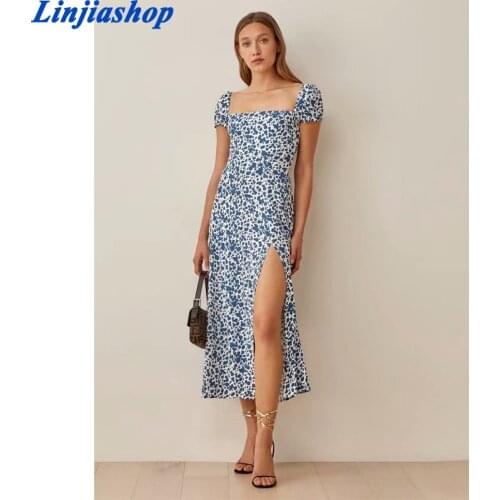 Print Blue Long Dress Women Summer Dress Retro French Style Square Collar Vintage Chiffon Dresses High Waist