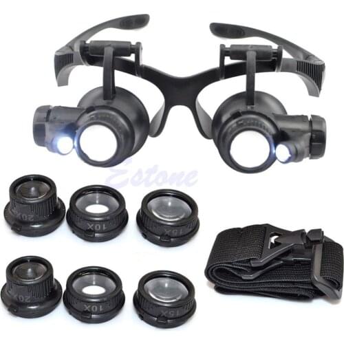 10X 15X 20X 25X LED Double Eye Jeweler Repair Watch Magnifier Loupe Glasses Lens