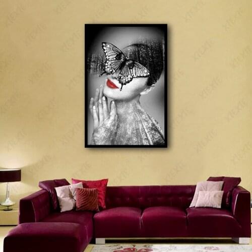 Abstract Wall Art Canvas Painting Beautiful Women with Red Lips Butterfly On The Eyes Living Room Bedroom Corridor Decoration