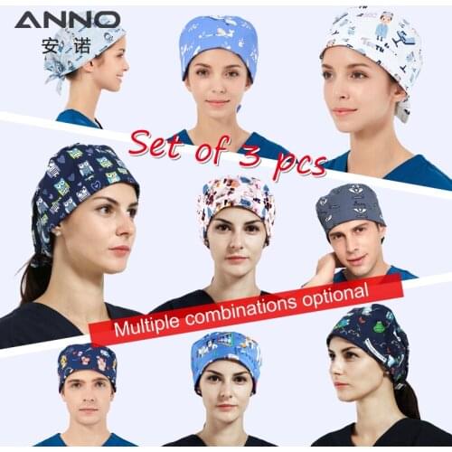 ANNO Unisex Hospital Doctor Nurse Caps A set of 3 Work Hats Nursing Cap Wth Sweatband Short/Long Hair Healthy Care Head Wear