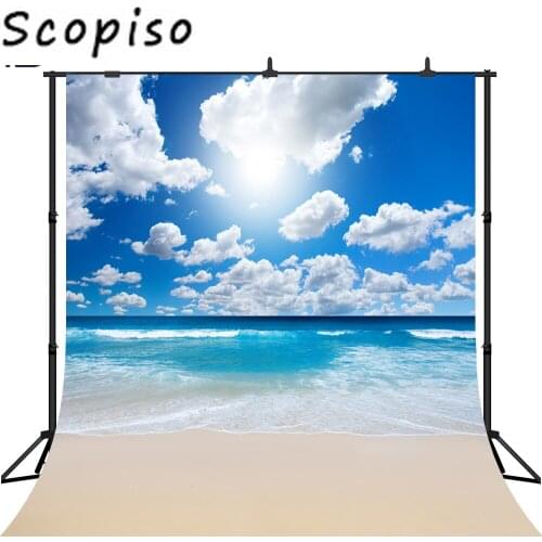 Scopiso Sandy Beach Summer Photography Backdrops Blue Sky and Sea Photo Booth Backgrounds Studio Sun Cloud Backdrop