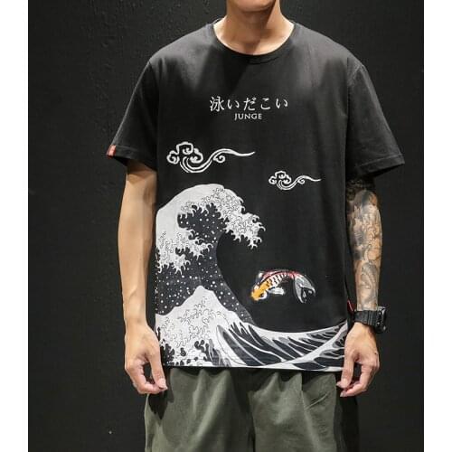 Men T-shirt Special Traditional Japanese Style Funny Animal Print Cotton O-neck Loose Summer Causal Short Sleeve Fashion Tee Top