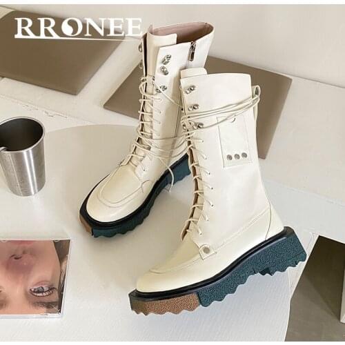 Commuter fashion all-match Midrange Martin boots women retro lean strap leather temperament motorcycle boots thick sole but knee
