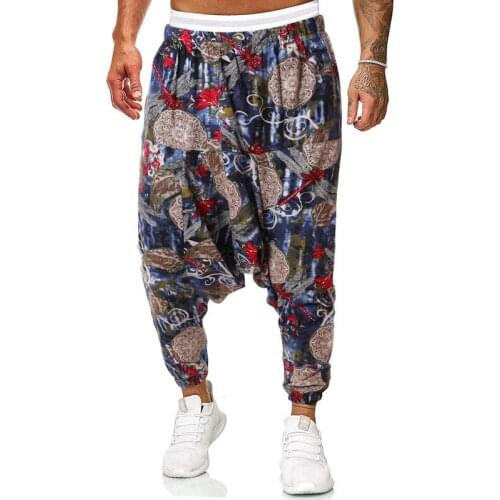 2021 Mens Spring Summer Chinese Style Cotton and Linen Casual Pants Teenagers Printed Loose Large Size Low Crotch Harem Pants