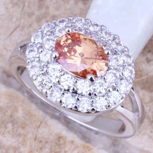 Charming Champagne Morganite White CZ Silver Plated Womens Ring Size 6 / 7 / 8 / 9 R0904
