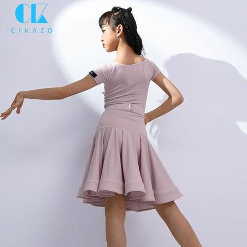 Crew Neck Latin Dance Dress Children Summer Practice Professional Dance Clothing Competition Waist Band Elastic Slim Wear G3485