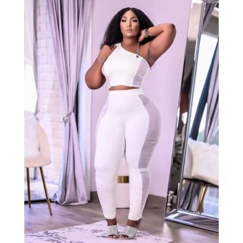 Plus Size Mesh Spliced Two Pieces Yoga Sets Summer Casual Women Solid Color Sportswear Chain Straps Crop Tank Top+Long Pants