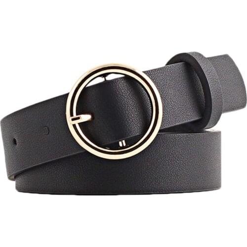 Womens belt black round waist buckle alloy casual fashion imitation leather 105CM