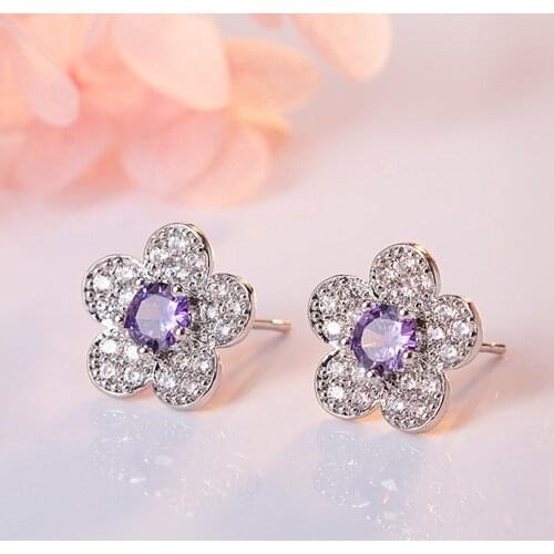 Flowers Purple Austrian Crystal Stud Earrings for Women Chic Elegant Amethyst Gemstones Diamonds White Gold Silver Color Jewelry