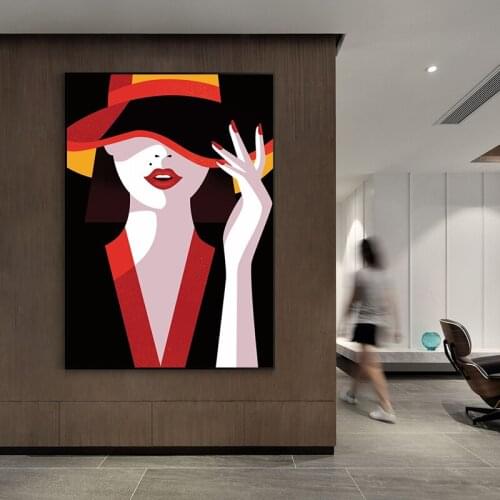 Nordic Fashion Character Oil Painting Model Hat Abstract Art Canvas Painting Living Room Office Corridor Home Decoration Mural