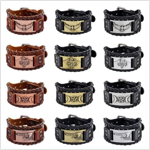 Nordic Viking Genuine leather Men Handmade Weave Wide Leather Wristband Adjustable Bangle Punk Bracelet