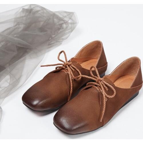 2019 spring new square head leather casual lace shoes low heel soft bottom shoes womens shoes