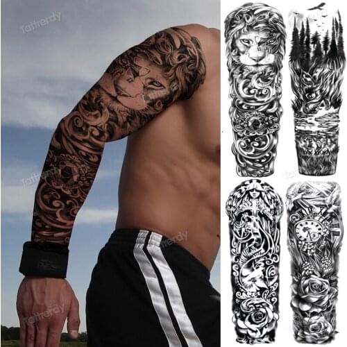 Waterproof temporary tattoos large black full arm sleeve tattoo skull tiger robot machine totem tattoo design sexy for men boy
