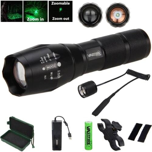 5000LM Green Hunting Flashlight Gun Light Tactical Adjustable Focus Zoomable Torch+Rifle Scope Mount+18650+Charger+Remote Switch