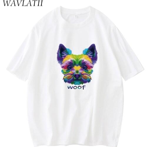 WAVLATII Women New Colorful Cotton Tshirts Female Dog Printed White Summer Tees Tops WT2147