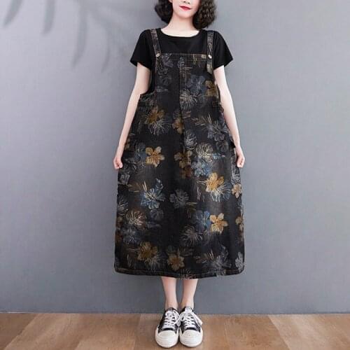 Women Summer Casual Denim Dress New Arrival 2021 Vintage Style Floral Print Loose Female Spaghetti Strap Long Dresses B313