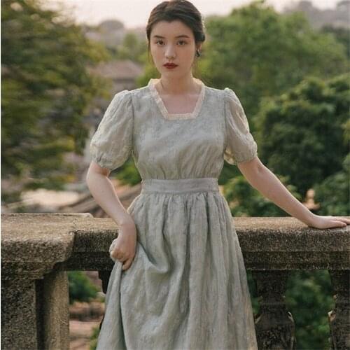 2021 Summer Womens Palace Style Retro Jacquard Dress Chic Design Square Neck Puff Sleeve Lace up Solid Color Daily Dress