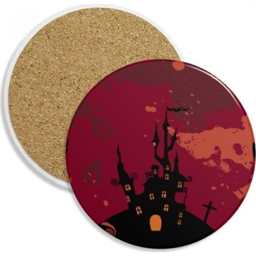 Castle Ghost Fear Halloween Pumpkin Ceramic Coaster Cup Mug Holder Absorbent Stone for Drinks 2pcs Gift