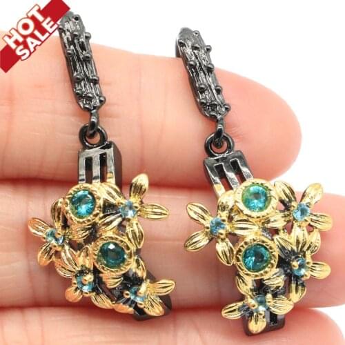 39x18mm Neo-Gothic Vintage Created 7.3g Blue Aquamarine Green Peridot Flower For Women Black Gold Silver Earrings Eye Catching