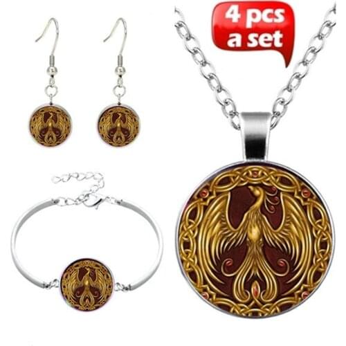 4Pcs/Set New Fashion Hot Sale Handmade Glass Fire Phoenix Pendant Choker Necklace Bracelet Earrings For Women Jewelry wholesale