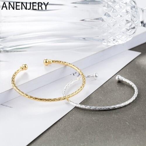 ANENJERY 925 Sterling Silver Simple Wave Pattern Couple Bangle Bracelet Gold Open Cuff Bangle For Lovers S-B281