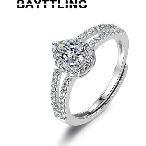 BAYTTLING 925 Sterling Silver Exquisite Luxury Drop Zircon Open Ring For Woman Charm Engagement Jewelry Couple Gift