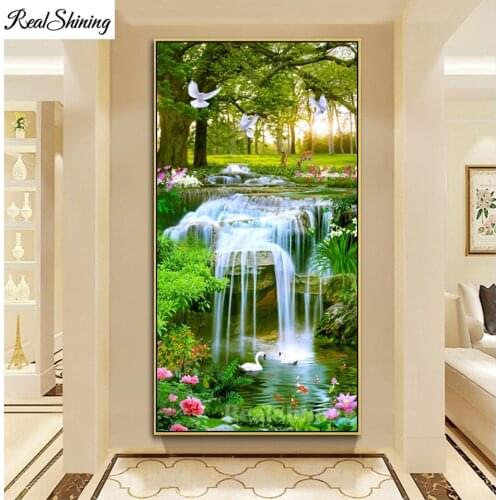 Large diamond painting Waterfall scenery,full square round diamond embroidery rhinestone pigeon deer forest mosaic aisle F1092