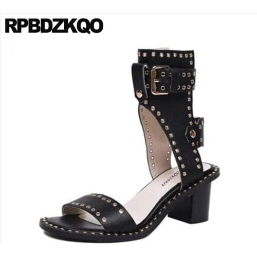 Summer Metal Open Toe Genuine Leather Chunky Shoes Sandals Rivet Women Ankle Luxury Stud Slingback Punk Rock Boots High Heel New