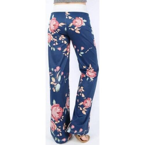 Causal Women Autumn Flower Print Pants Drawstring Wide Leg Pants Loose Straight Trousers Long Female Plus Size Trousers