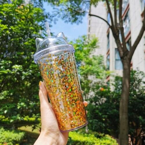 Sequined BPA Free Water Bottle with Straw Plastic Flash Cat Ear Double Wall Drinking Bottle Coffee Juice Cup Free Shipping Item