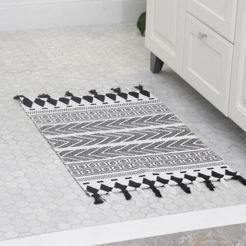 Black White Cotton Rug Geometric Macrame Tassels Floor Door Mat Carpet Blanket Bathmat Anti Slip Pad Home Bathroom Decor