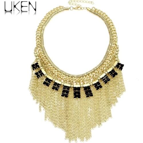UKEN Fashion Choker Necklace For Women Gold Color Zinc Alloy Chains Tassels Acrylic Beads Statement Jewelry Dress Accessories