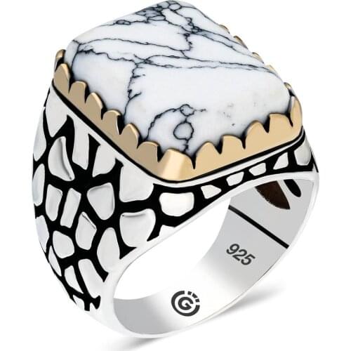 Solid 925 Silver Ring with Raw Rectangle White Turquoise Gemstone Made in Turkey Gifts for Men Gifts for Husband Gifts for Dad