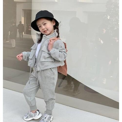 2021 New Girls Boys 2 Pcs Set Hooded Coat +Long Pants Spring Cotton Fashion Kids Suits 1-6 years QS335