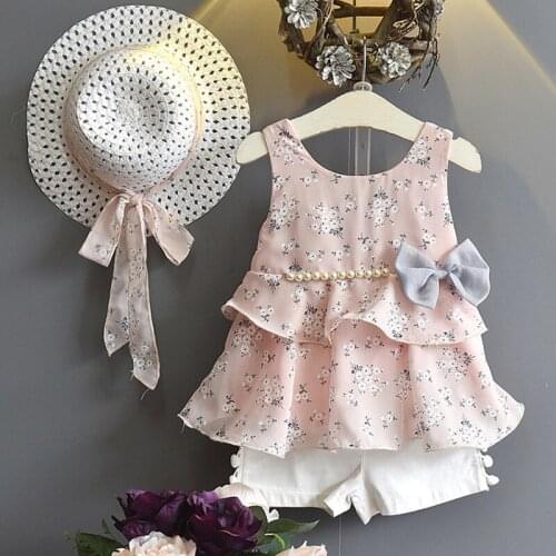 Girls Clothing Set 2018 New Summer Fashion 3PCS Printing Sundress Pearl Bow Dress+Shorts+ Hat Suit Children Clohting Beach style
