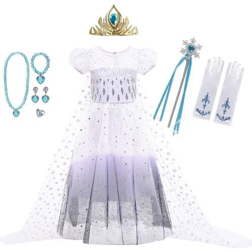 Disney Frozen 2 Costume for Girls Princess Elsa Dress White Sequined Mesh Dresses Kid Snow Queen Cosplay Carnival Party Clothing