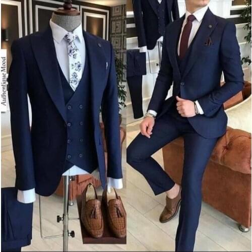 Custom Made Business Navy Blue Suits For Men Terno Slim Groom Tuxedo 3 Piece Wedding Mens Suit Masculino Jacket+Pant+Vest+Bow
