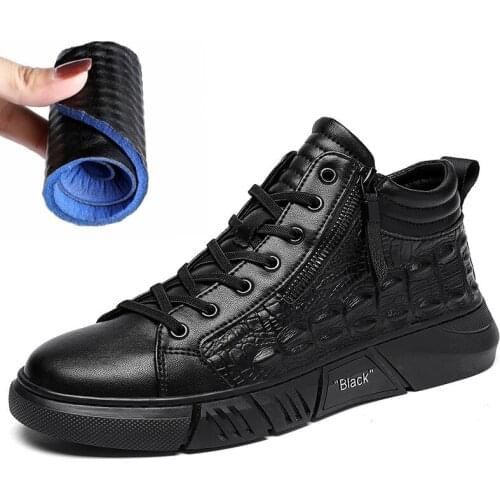 Fashion Black Leather Mens Casual Flat Shoes Quality Driving Shoes for Men Brand Crocodile Pattern High Top Sneakers Mens Shoes