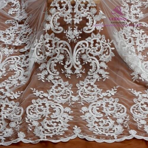La Belleza Ivory rayon with clear sequins large pattener wedding dress lace fabric 53'' width 1 yard