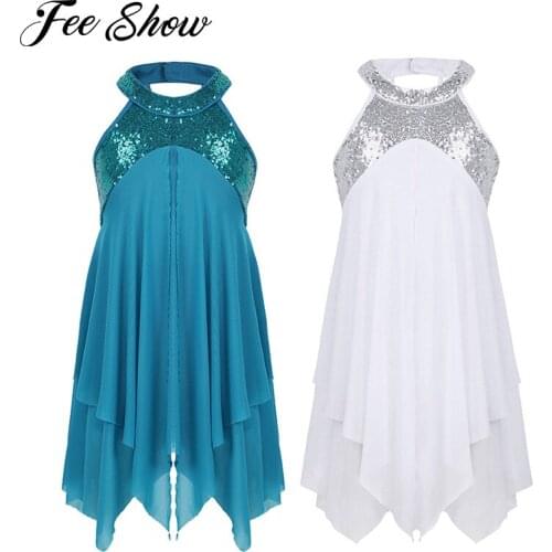 Lyrical Dance Kids Costume Halter Sequins Leotard Dresses Modern Contemporary Ballroom Dance Dress for Girls Stage Performance