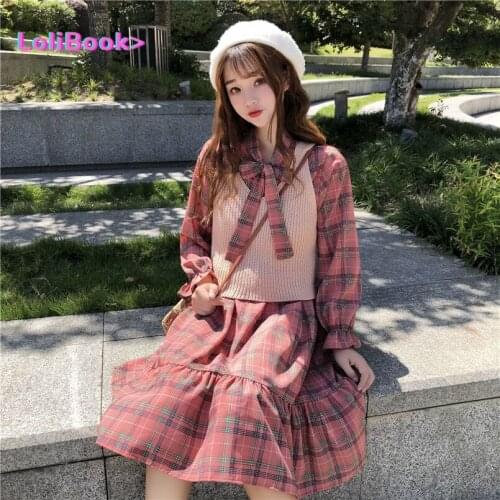 Lolibook Super Cute Preppy Style Knitted Vest /Sweater+Plaid Knee-Length Dress 2 Colors 2 Piece Outfits for Women Dress