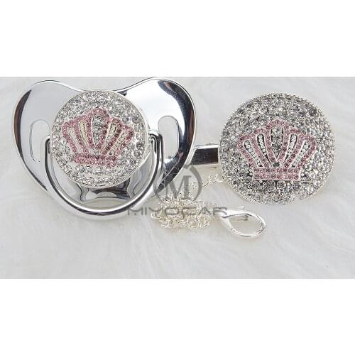 MIYOCAR Gold beautiful GOLD bling pink crown pacifier and pacifier clip set BPA free dummy bling unique design APCB-9-1