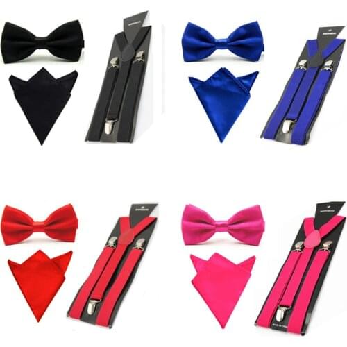 Men Satin Solid Color Bowtie Y-Shape Suspenders Handkerchief Pocket Square Set BWSET0013