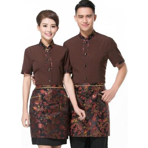 Wholesales Work Clothing KTV Waitress Coffee Shirt+ Floral Apron Sets Uniform Short Sleeve Summer Night Club Workwear Cheap