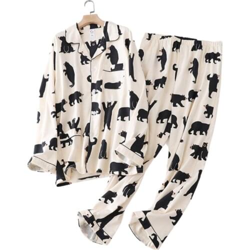 Cute White Bear 100% Brushed Cotton Women pajama sets Autumn Casual Fashion Sleepwear Two Piece Set Loungewear Women Nightwear